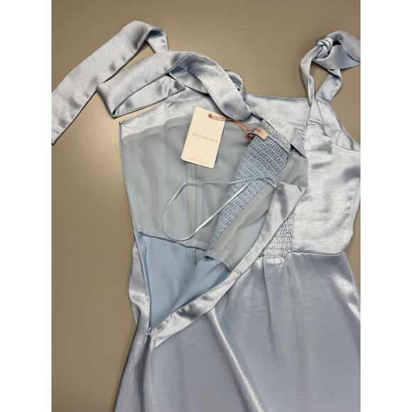 Skies Are Blue Satin Midi Dress XS Pastel Baby Blue Bridesmaid Bow Straps Ruffle - Picture 16 of 16